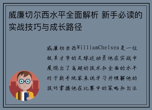 威廉切尔西水平全面解析 新手必读的实战技巧与成长路径