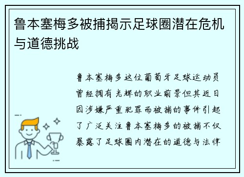 鲁本塞梅多被捕揭示足球圈潜在危机与道德挑战